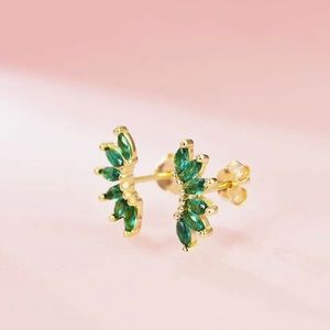 Gold Emerald Crown Shape Stud Earrings